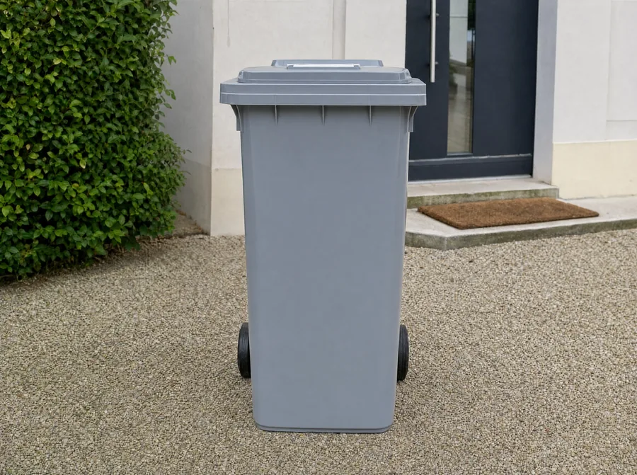 Poubelle grise propre devant une entrée de maison