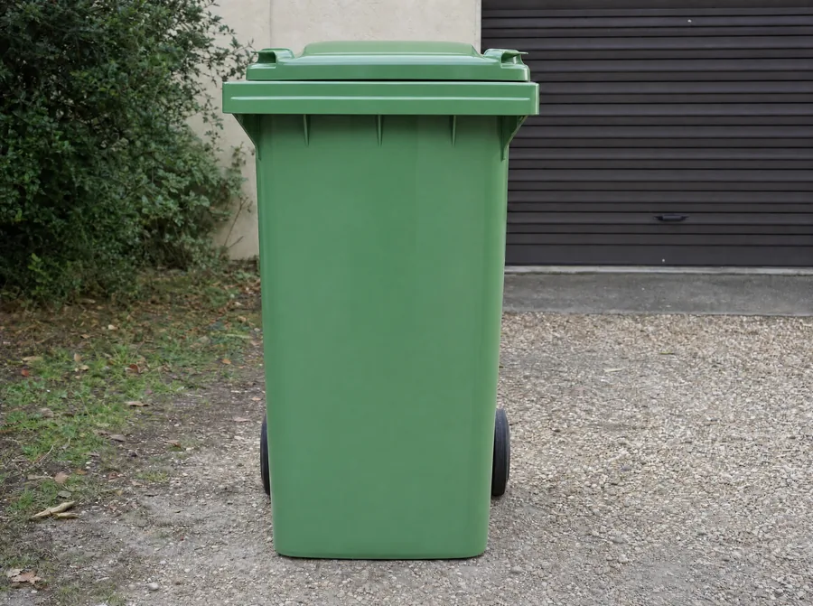 Poubelle verte propre devant un garage