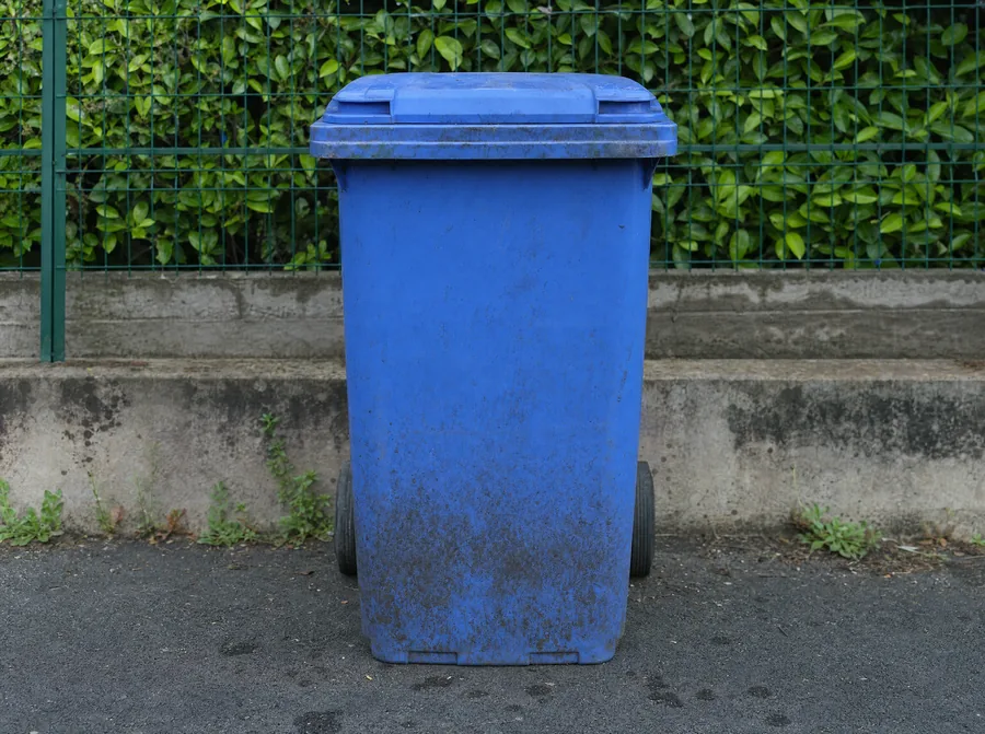 Poubelle bleue sale près d'une clôture